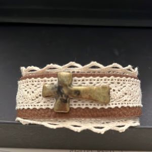 Leather Lace Cross cuff bracelet with snap close